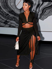 Two Piece Crop Tops & Side Split Midi Skirts