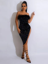 Minivestidos con lentejuelas, ajustados, hombros descubiertos, sin mangas y con abertura