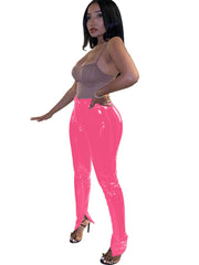 Pantalones largos de cuero PU con cintura alta y abertura