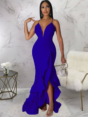 Vestidos largos con volantes, espalda descubierta y tirantes finos