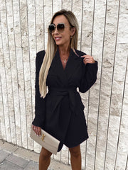 Long Sleeve Solid Color Belted Blazer Dresses