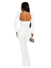 Long Sleeve Sequin Glitter Bodycon Mesh Maxi Dresses