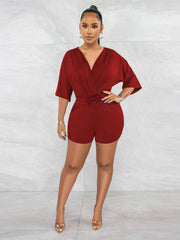 V Neck Short Sleeve High Waist Drawstring JumpSuit