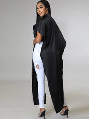 Camisa larga holgada lisa con cuello en V de seda de imitación