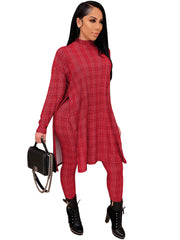 Two Piece Plaid Split Top & Long Pants