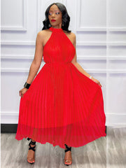 Sleeveless Solid Pleated Swing Maxi Dresses