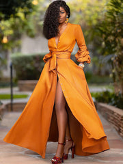Long Sleeve V Neck Solid Maxi Dresses