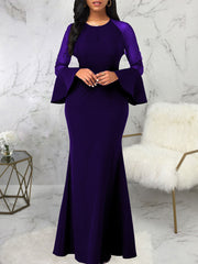 Mesh Patchwork Bell Sleeves Bodycon Maxi Dresses