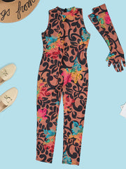 Ärmelloser, figurbetonter Jumpsuit aus Netzstoff mit Blumendruck