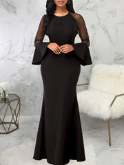 Mesh Patchwork Bell Sleeves Bodycon Maxi Dresses