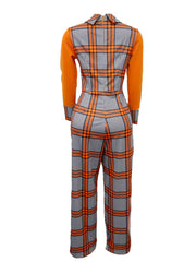 Langärmliger Jumpsuit mit weitem Bein und Karomuster in Farbblock-Optik