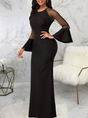 Mesh Patchwork Bell Sleeves Bodycon Maxi Dresses