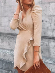 V Neck Puff Sleeve Ruffle Midi Dresses