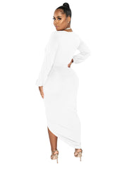 Deep V Neck Long Sleeve Ruched Split Maxi Dresses