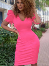 Short Puff Sleeve Bodycon Midi Dresses