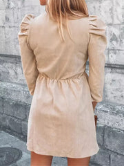 V Neck Puff Sleeve Ruffle Midi Dresses
