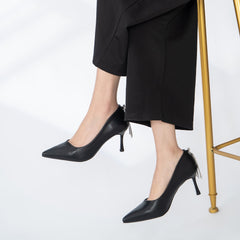 Replaceable Straps Leather Pointed Toe Low Heel Pumps