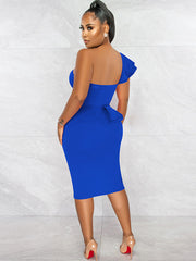 One Shoulder Ruffle Split Midi Dresses