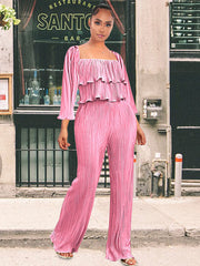 Zweiteiliges Rüschen-Crop-Top + lange Hose