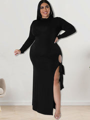 Vestidos maxi de talla grande con abertura y cuello alto y manga larga