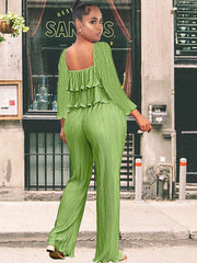 Zweiteiliges Rüschen-Crop-Top + lange Hose