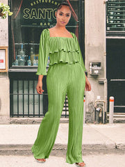 Zweiteiliges Rüschen-Crop-Top + lange Hose