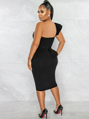 One Shoulder Ruffle Split Midi Dresses