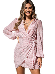 Langärmlige Minikleider mit V-Ausschnitt und Schnürung
