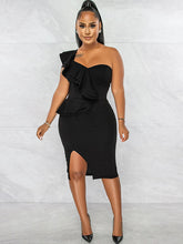 One Shoulder Ruffle Split Midi Dresses