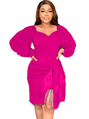 Puff Sleeve Ruched Tassels Mini Dresses