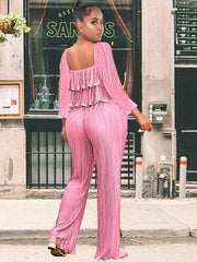 Zweiteiliges Rüschen-Crop-Top + lange Hose