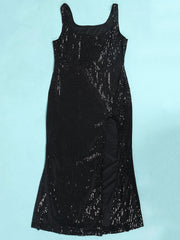 Vestidos largos ajustados con abertura y sin mangas con lentejuelas