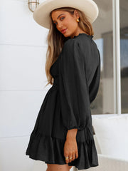 Long Sleeves Crew Neck Ruffle Zipper Mini Dresses