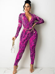 Long Sleeve V Neck Snake Print Jumpsuits