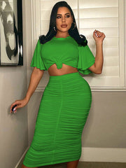 Zweiteiliges Crop-Top mit Rüschenärmeln und gerüschtem Midirock