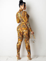 Long Sleeve V Neck Snake Print Jumpsuits