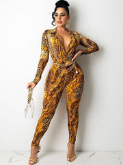 Long Sleeve V Neck Snake Print Jumpsuits