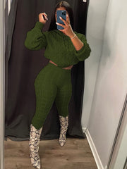 Cable Knit Drawstring Hoodie Crop Top & Long Pants