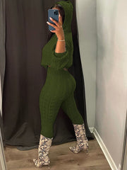 Cable Knit Drawstring Hoodie Crop Top & Long Pants