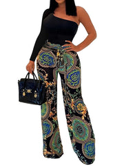 One Shoulder Print Rompers with Belt