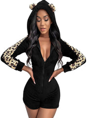 Leopard Print Long Sleeve Hoodie Rompers