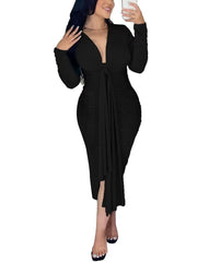 Vestidos midi ajustados con mangas largas y lazo