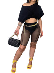 Crew Neck Crop Top & Mesh Shorts