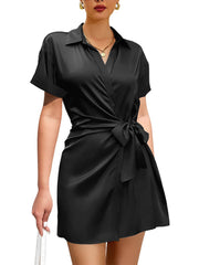 Revers Kurzarm Riemchen High Waist Shirt Kleider