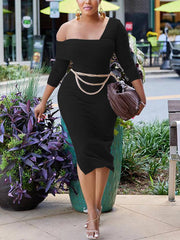 One-Shoulder-Langarm-Midikleider mit Schlitz