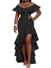 Vestidos largos con abertura y dobladillo irregular con volantes y hombros descubiertos