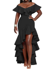 Vestidos largos con abertura y dobladillo irregular con volantes y hombros descubiertos