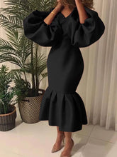Long Lantern Sleeve Bodycon Midi Fishtail Dress