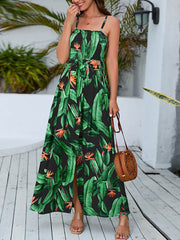 Spaghetti Straps Floral Print High Slit Maxi Dresses