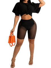 Crew Neck Crop Top & Mesh Shorts
